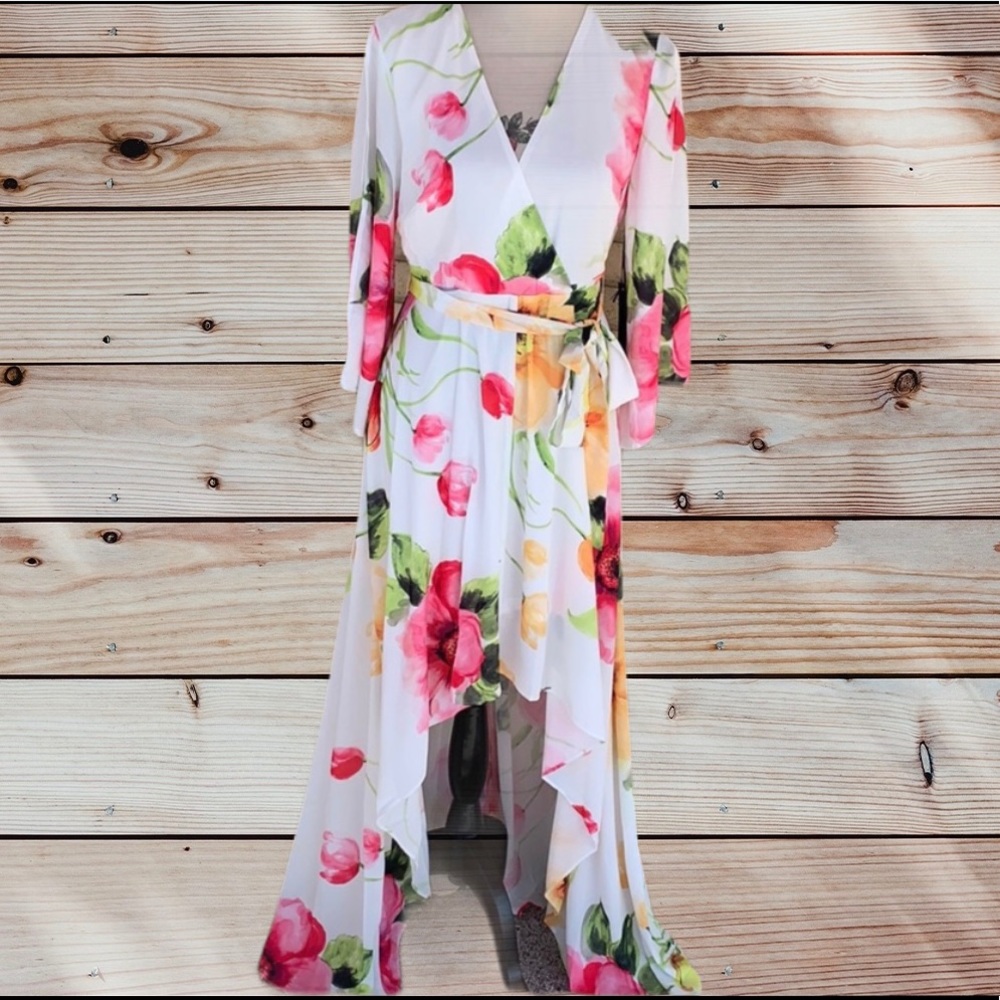 IVORY FLORAL HIGH LOW TIED WAIST FLOWY LINED DRESS - Picture 3 of 10